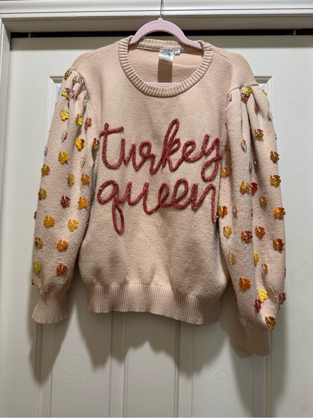 Queen of Sparkles Turkey Queen Embellished Cream Sweater size xl